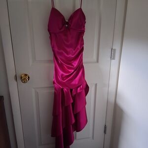 Blondie Nites Fuchsia Satin High-Low Ruffle Dress